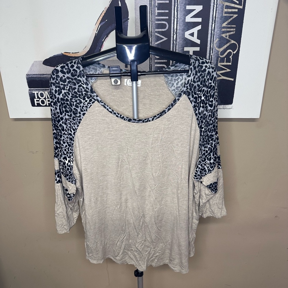 Maurices Beige Top with Leopard Print Sleeves